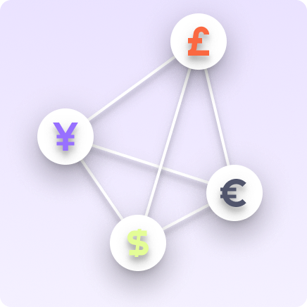 A graphic showing four circles with the icons for the yen, euro, US dollar and pound sterling on them respectively, with the circles connected to each other by white lines