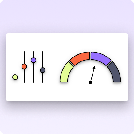 A graphic showing four sliders on the left with different coloured toggles. On the right is a gauge chart with four colour segments corresponding to the toggles and an arrow pointing at the segment second from right