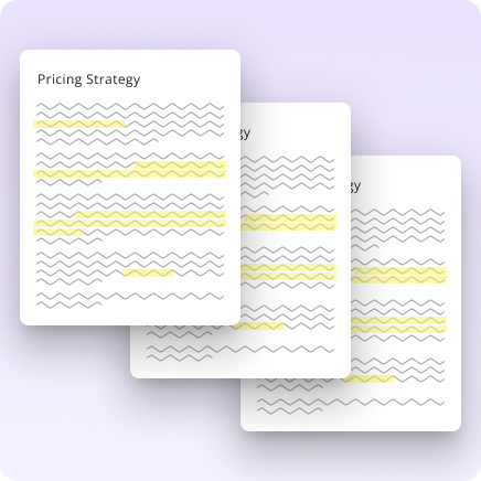 A graphic showing three stacked pages with wavy lines representing text, some of which has been highlighted. The topmost page is titled pricing strategy