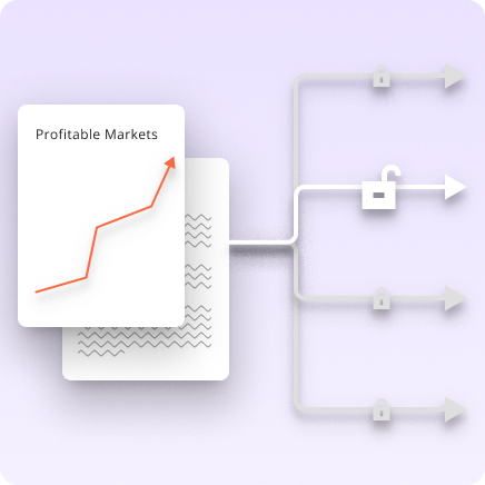 A graphic showing a chart with the title profitable markets on which an arrow is rising incrementally; from this chart extends four branching lines, one of which has an unlocked padlock icon on